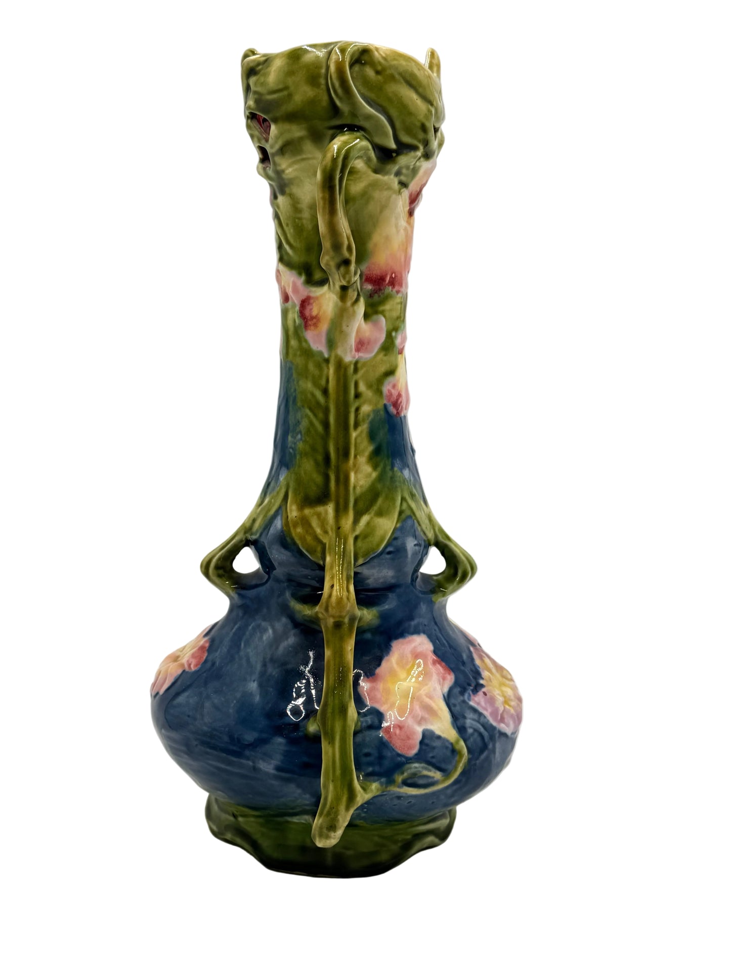 Floral Majolica Art Nouveau Ceramic Vase, 12”