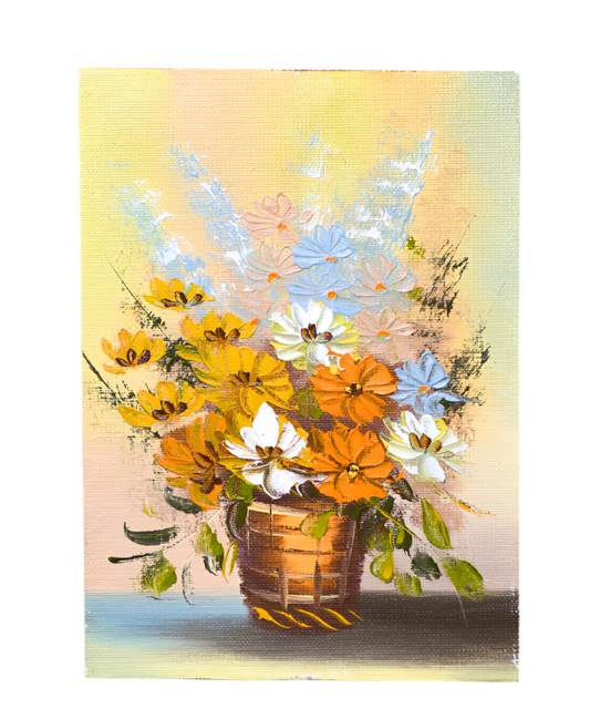 Vintage Oil Painting of Flowers in a Basket, 7"