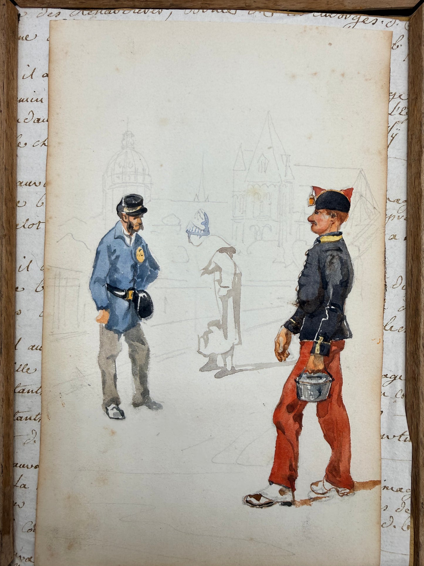 French Watercolor in Barnwood Style Frame, 9”