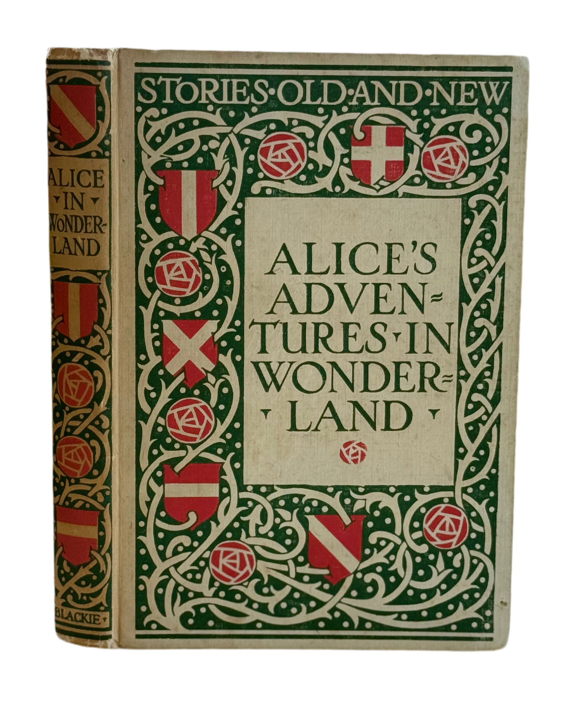 Alice's Adventures in Wonderland by Lewis Carroll a vintage edition with green and red cover decoration that says stories old and new