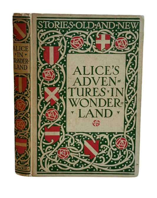 Alice's Adventures in Wonderland by Lewis Carroll a vintage edition with green and red cover decoration that says stories old and new
