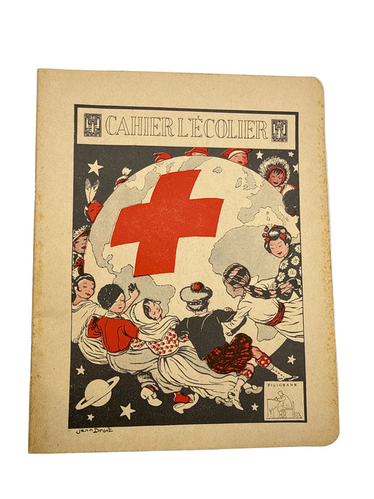 Vintage book cover with a red cross symbol and decorative illustrations on a beige background