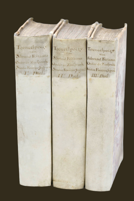 Three volumes of posthumous poetry works with white vellum backstrips and painted cover art in Dutch from 1764.