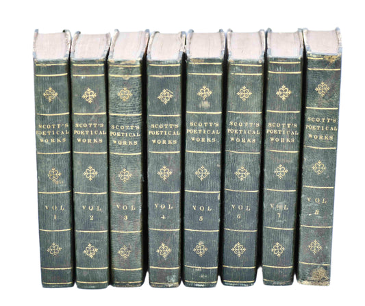 A set of antique green leather books with title stripes and marbled covers,The Poetical Works of Sir Walter Scott, volumes 1 to 8.