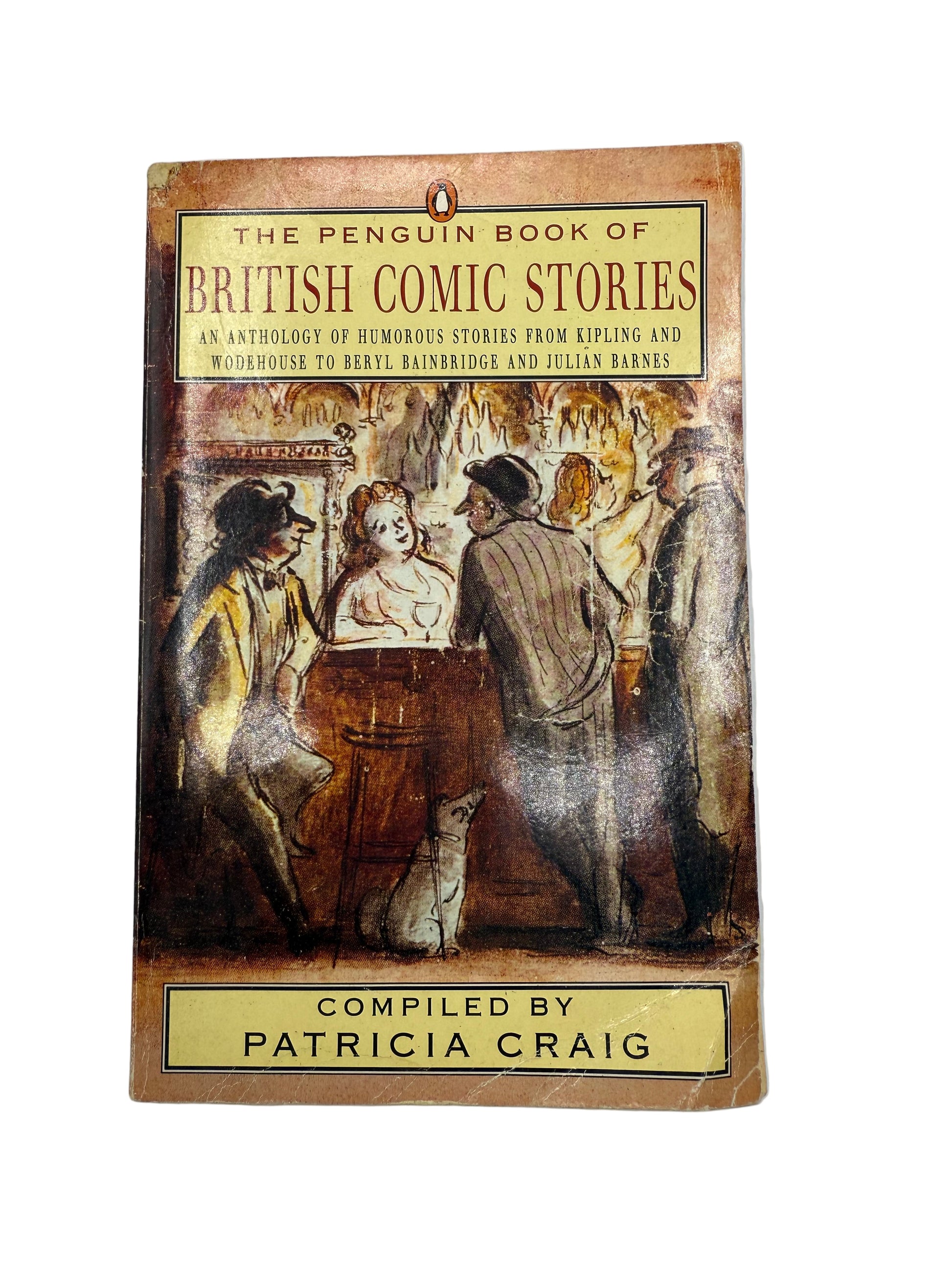 Book cover of 'The Penguin Book of British Comic Stories' compiled by Patricia Craig on a gray background