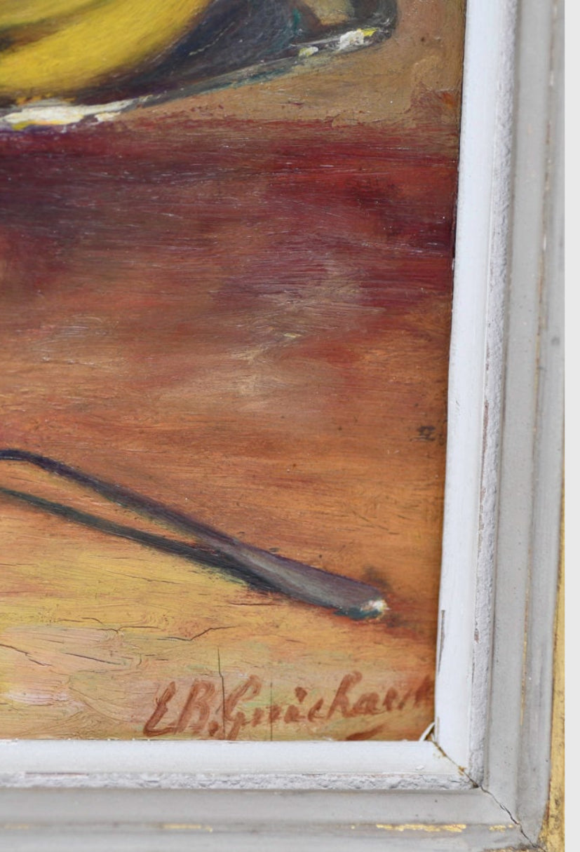 Gold Framed Still Life Oil Painting of Fruit Dining Table, 13”