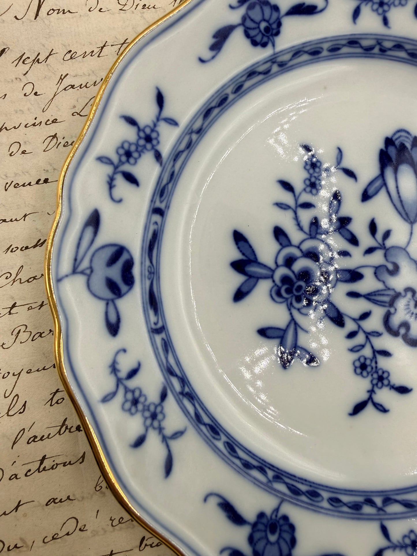 Meissen Blue and White Onion Plate with Gold Rim, 7”