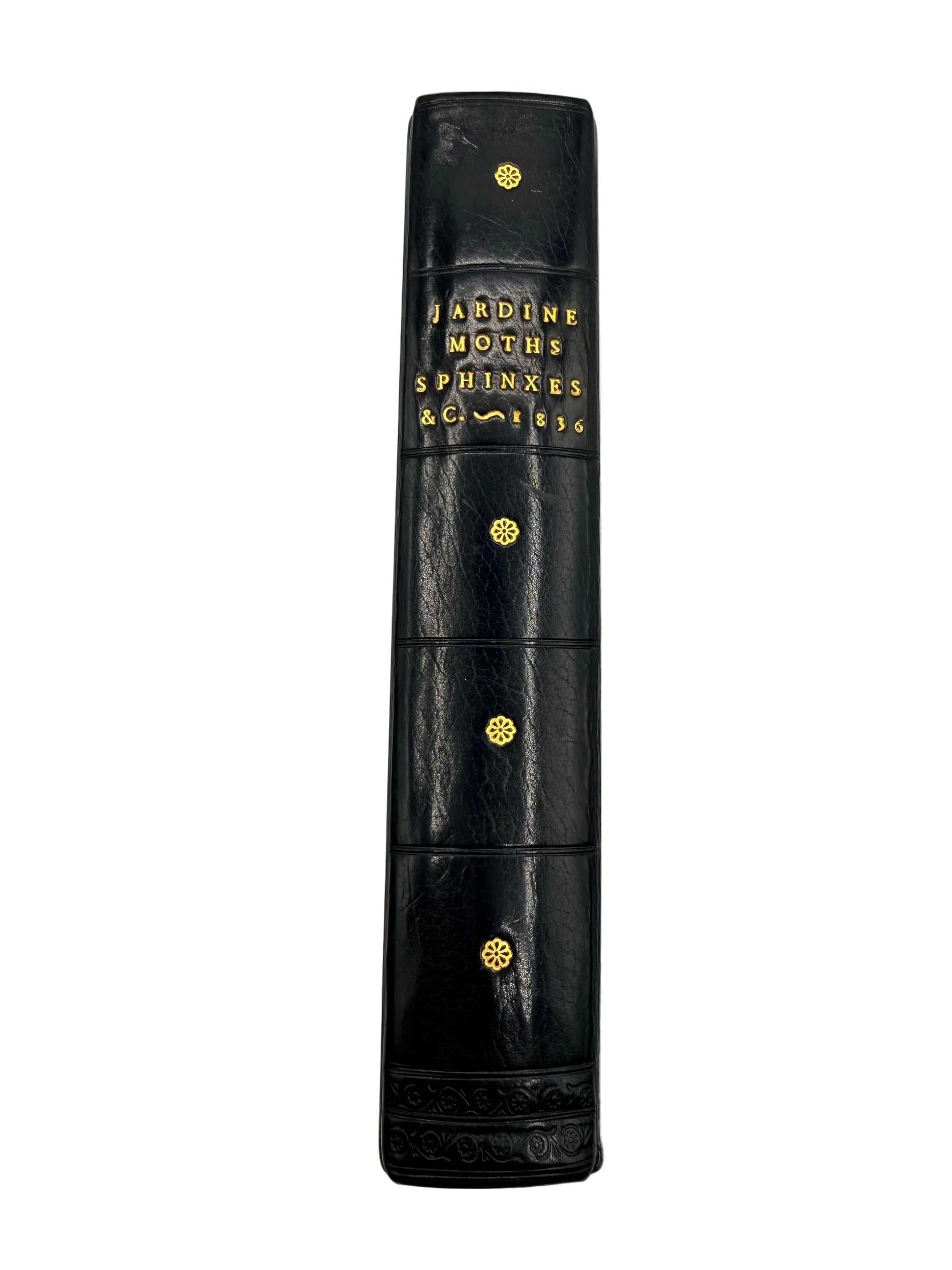 Black leather-bound book with gold embossed text on a light gray background