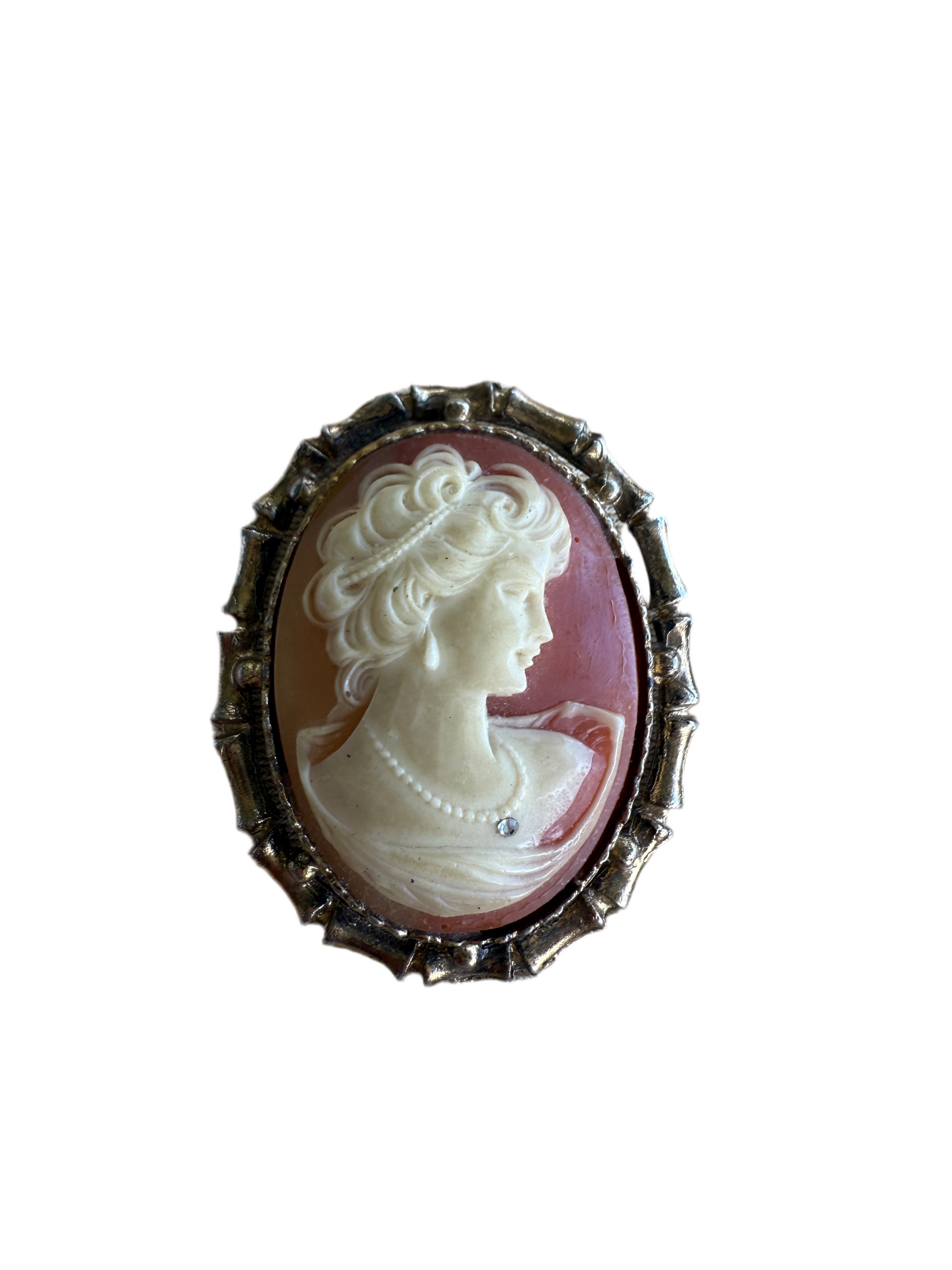 Cameo brooch with a woman's profile in a decorative frame on a white background