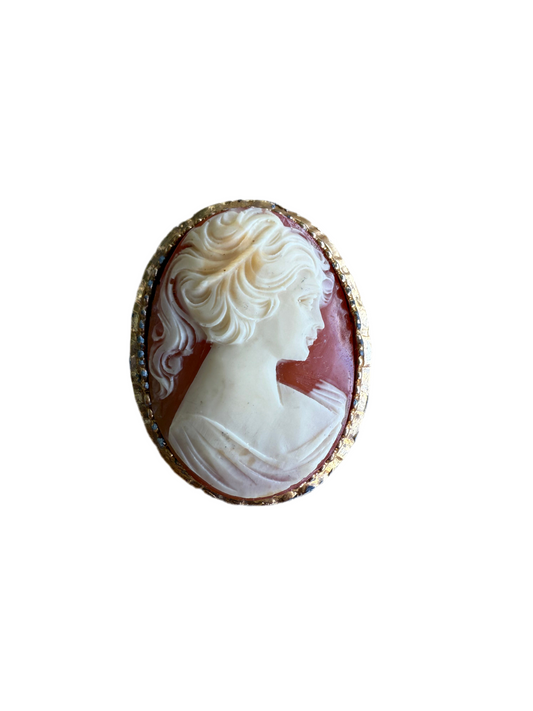 Cameo brooch with a profile of a woman on a white background