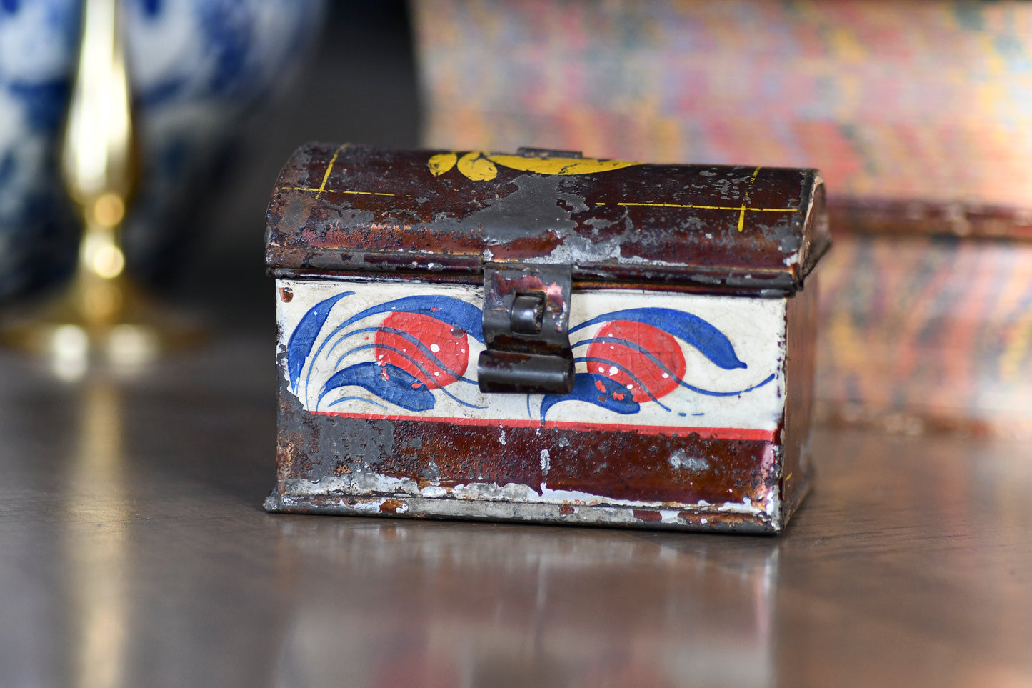 Antique Small Toleware Box, Decorative Tin