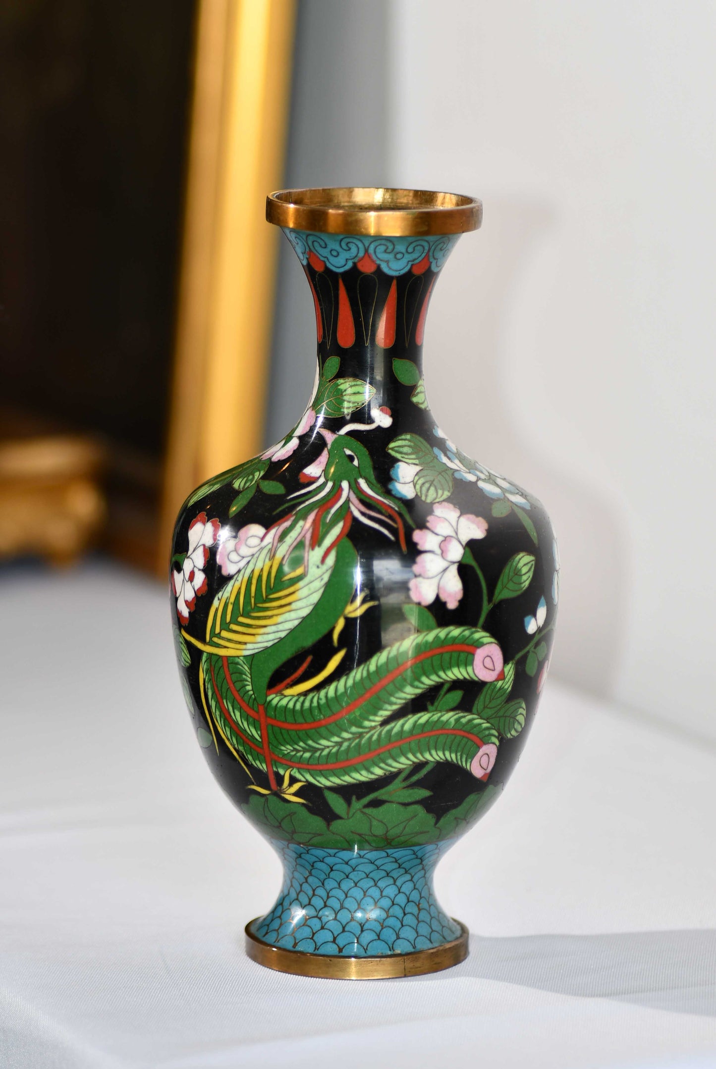 Cloisonne Black Vase with Peacock, 9"