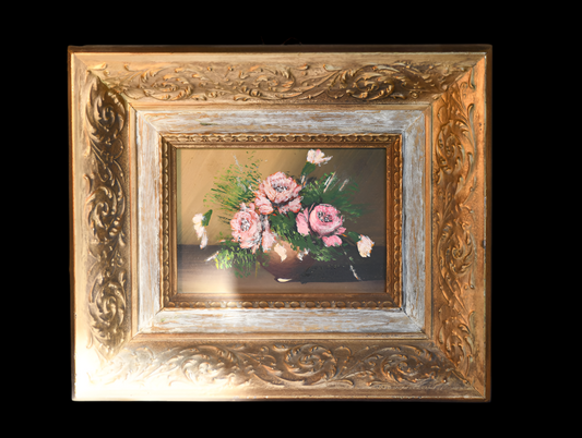 Pink and Red Floral Framed Oil Painting, 12.75"