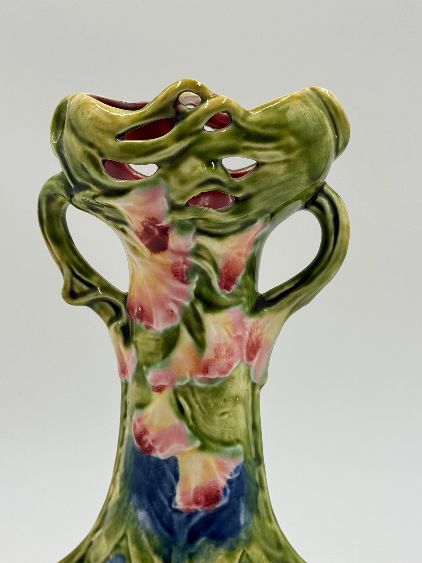 Floral Majolica Art Nouveau Ceramic Vase, 12”