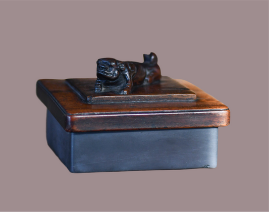 Vintage Carved Wooden Inkwell with Foo Dog, 4.5"