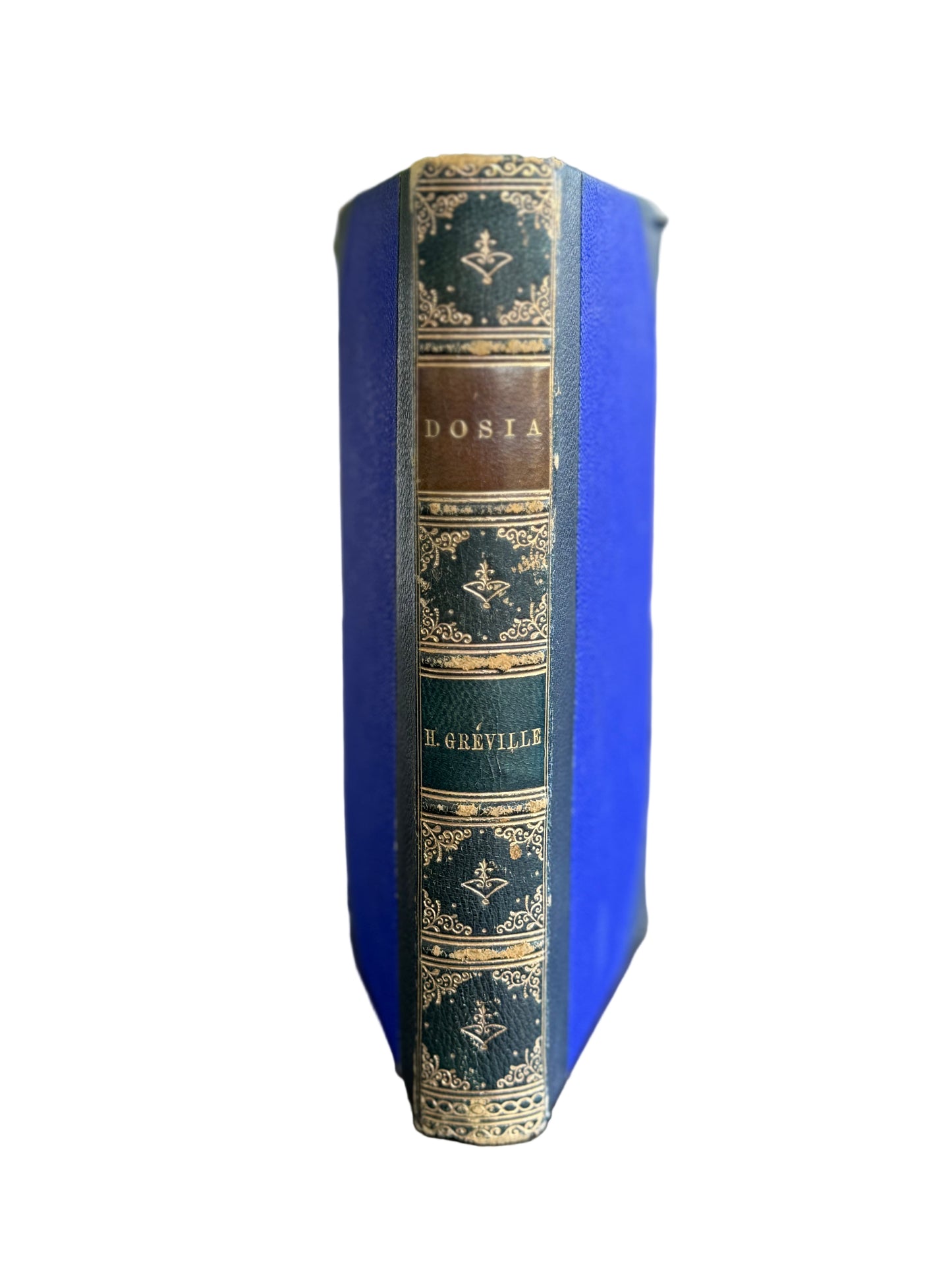 Blue book with decorative spine on a wooden surface