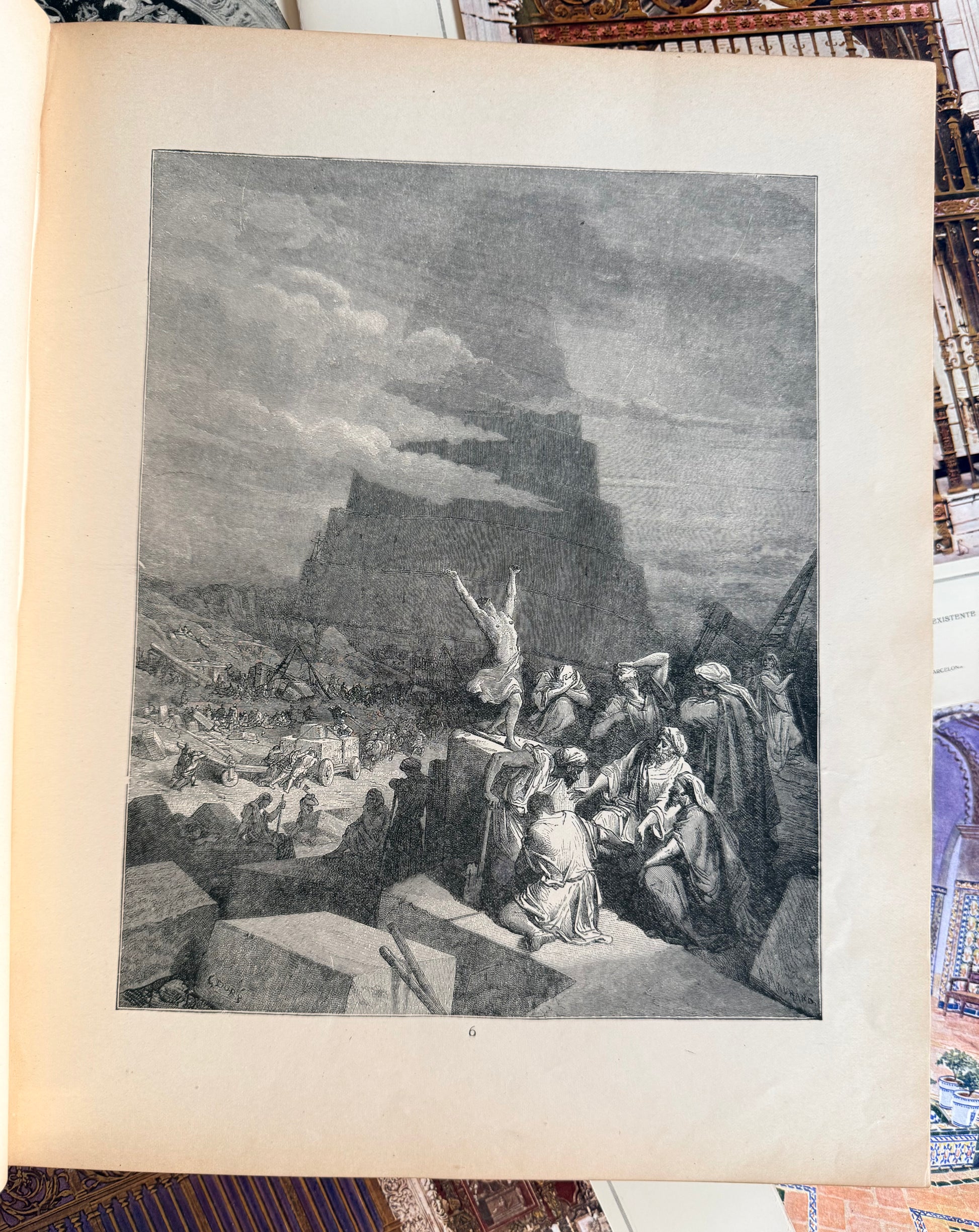 Vintage black and white print of a historical scene on a textured surface