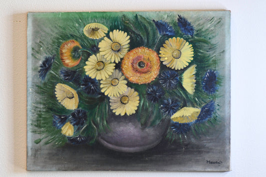 Vintage Yellow Floral Still Life Painting, 18"