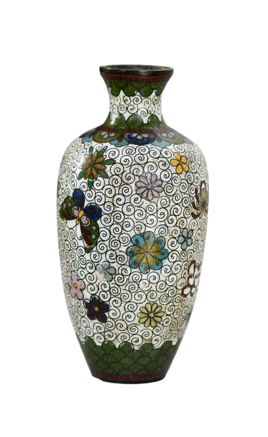 Cloisonne White Floral Vase with Butterflies, 6"