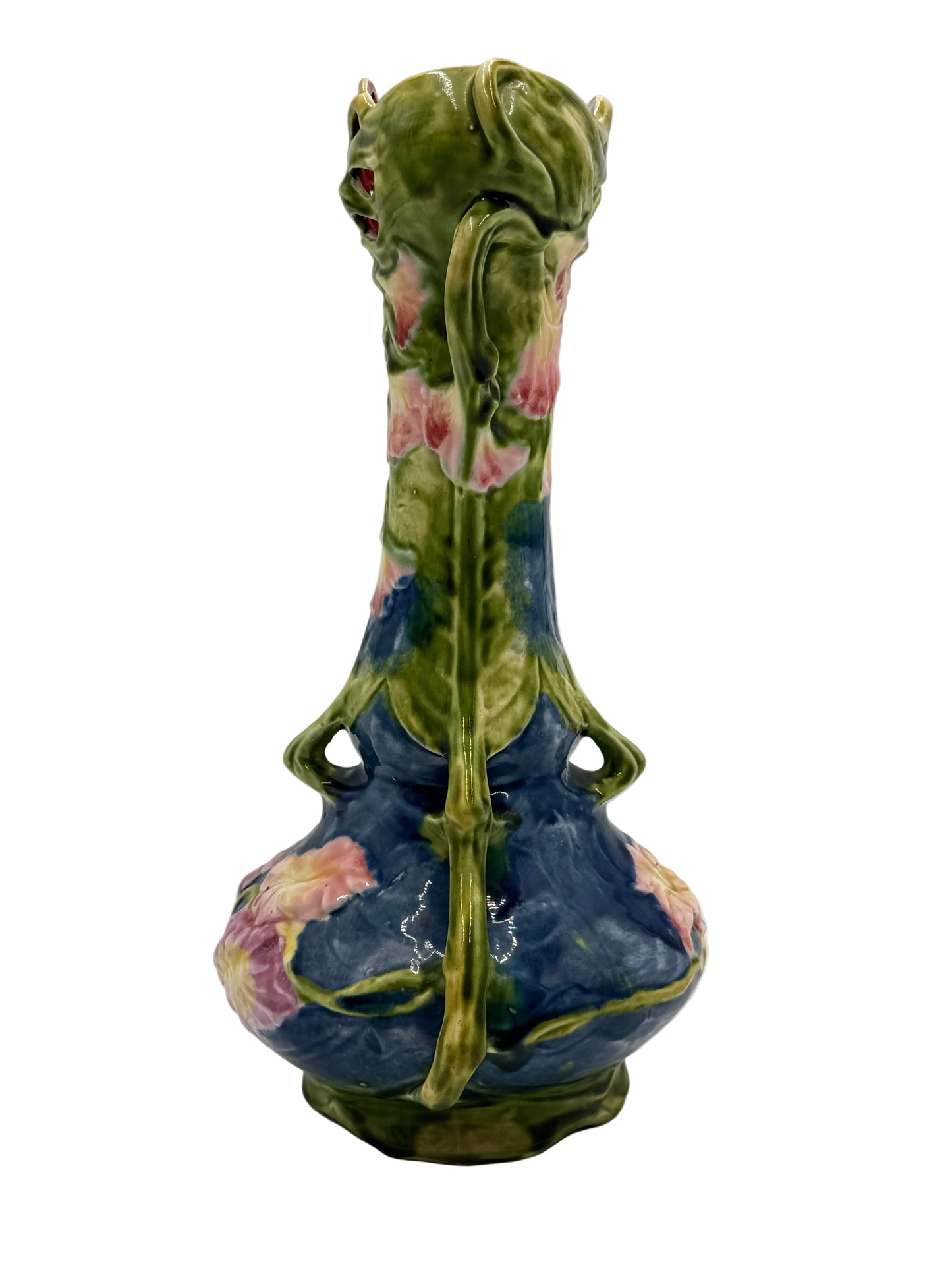 Floral Majolica Art Nouveau Ceramic Vase, 12”