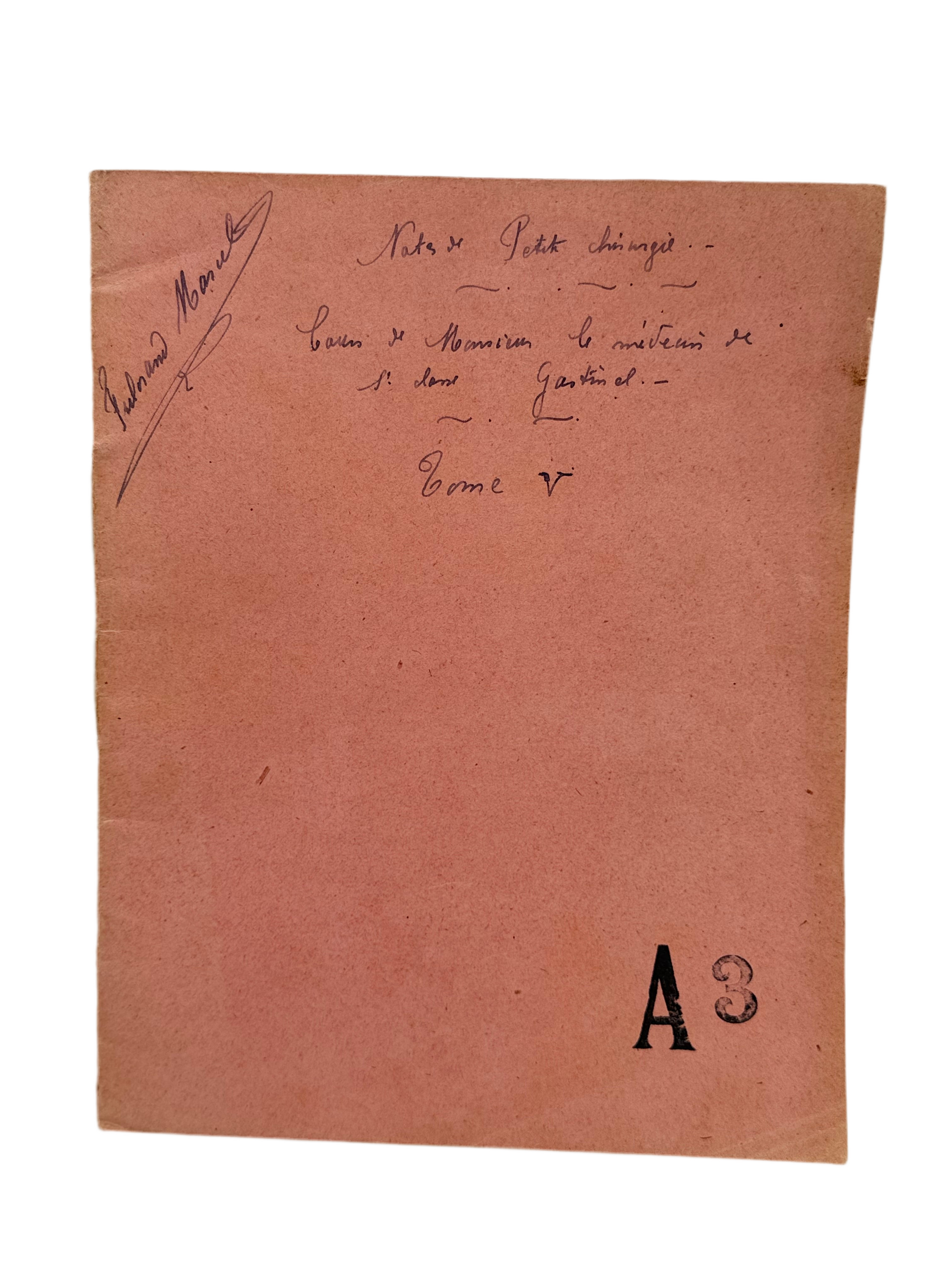 Brown paper sheet with handwritten text and a large 'A' printed on it.