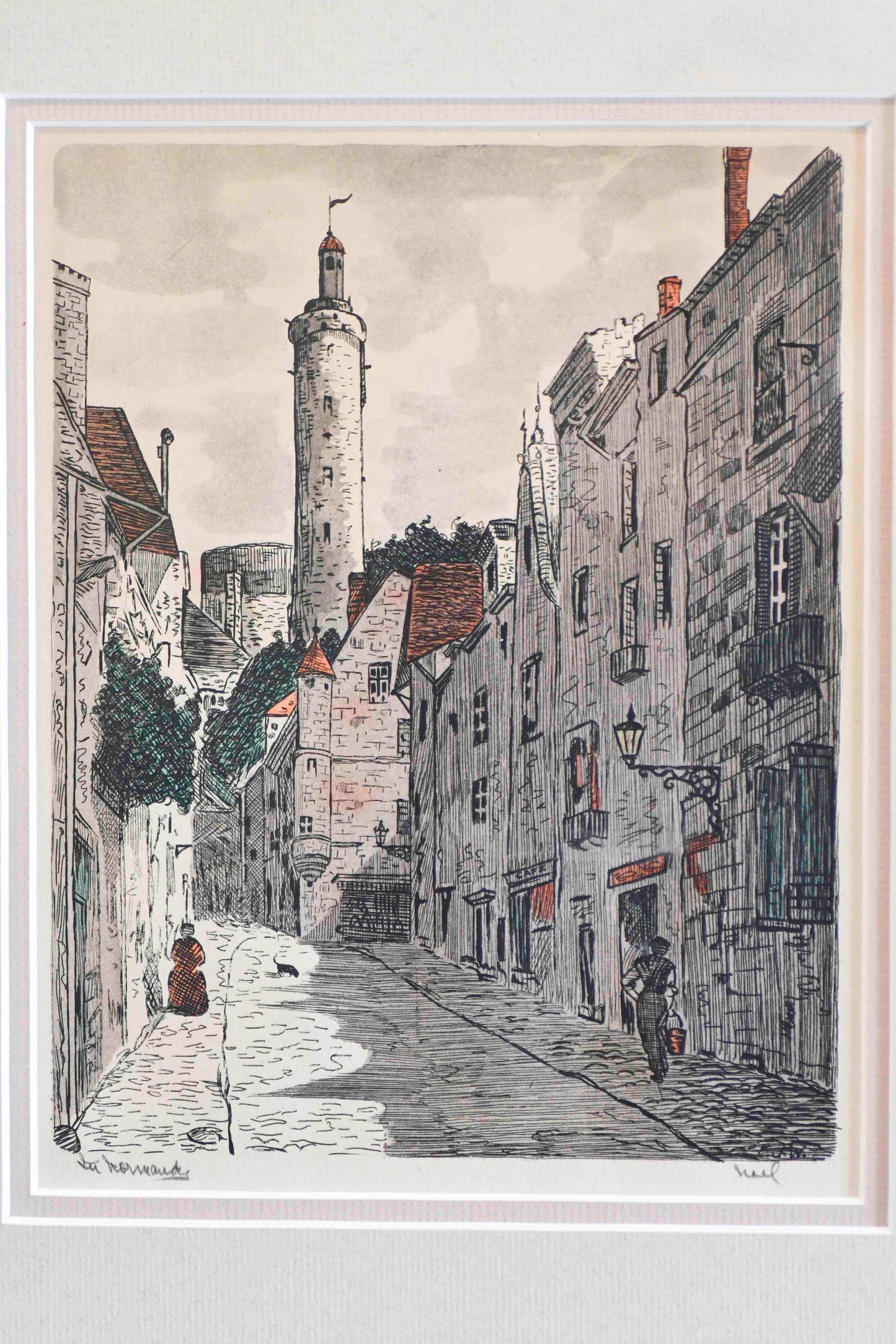 Watercolor on Engraving, Street in Normandy