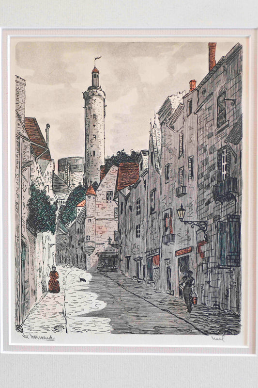Watercolor on Engraving, Street in Normandy