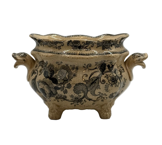 European Ironstone Tureen, Black Transferware, 8”