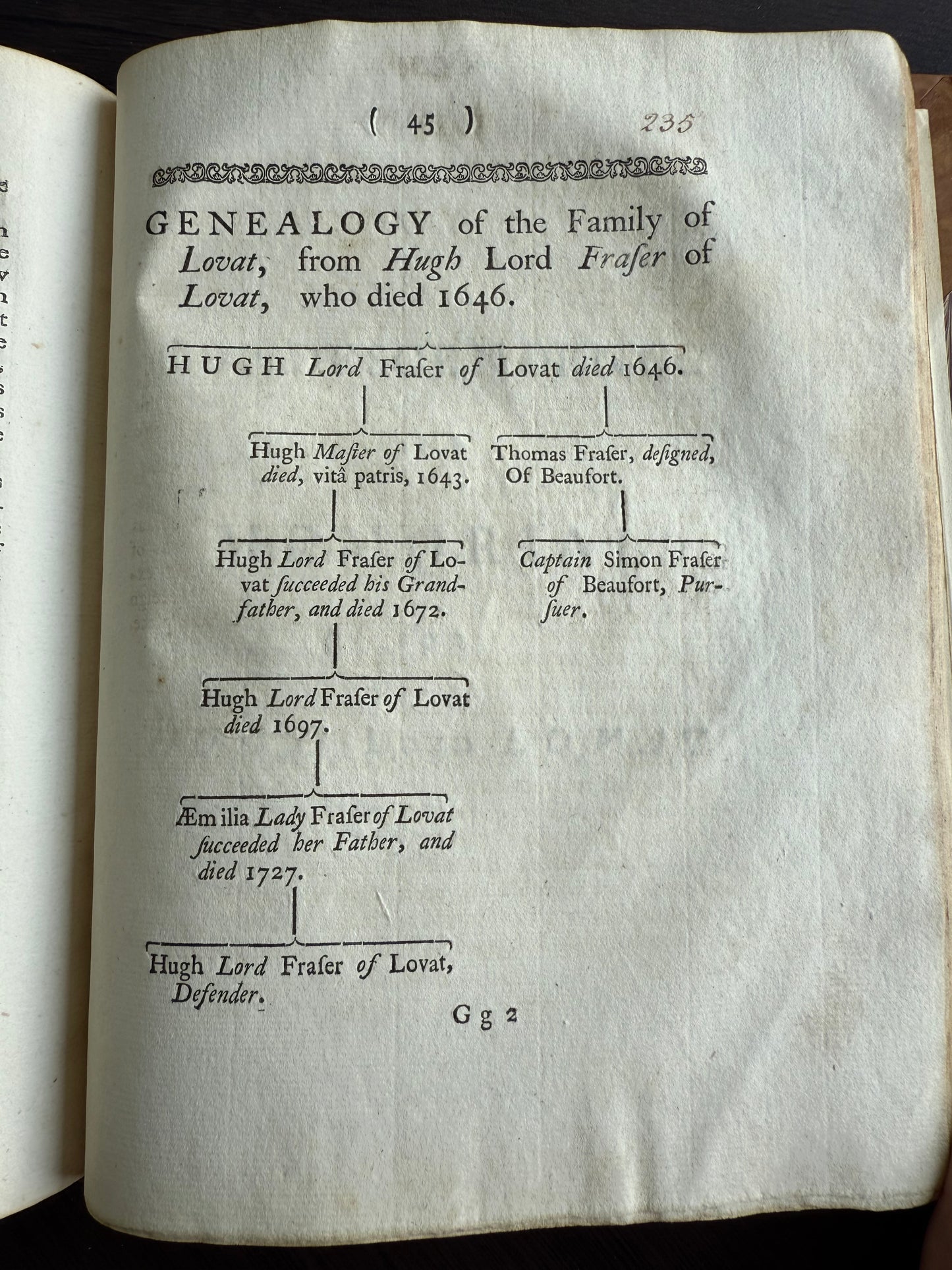 Genealogy of the family of Lovat from Hugh Lord Frafer Lovat 1646 in Lovat Peerage book