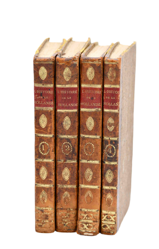 Set of four ornate books with decorative spines on a white background