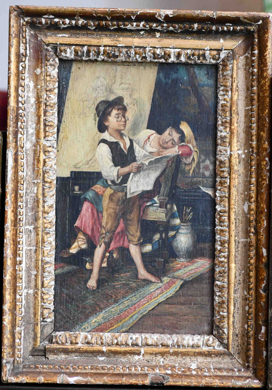 Young Artist Adventurer Framed Antique Oil Painting, 9.25"