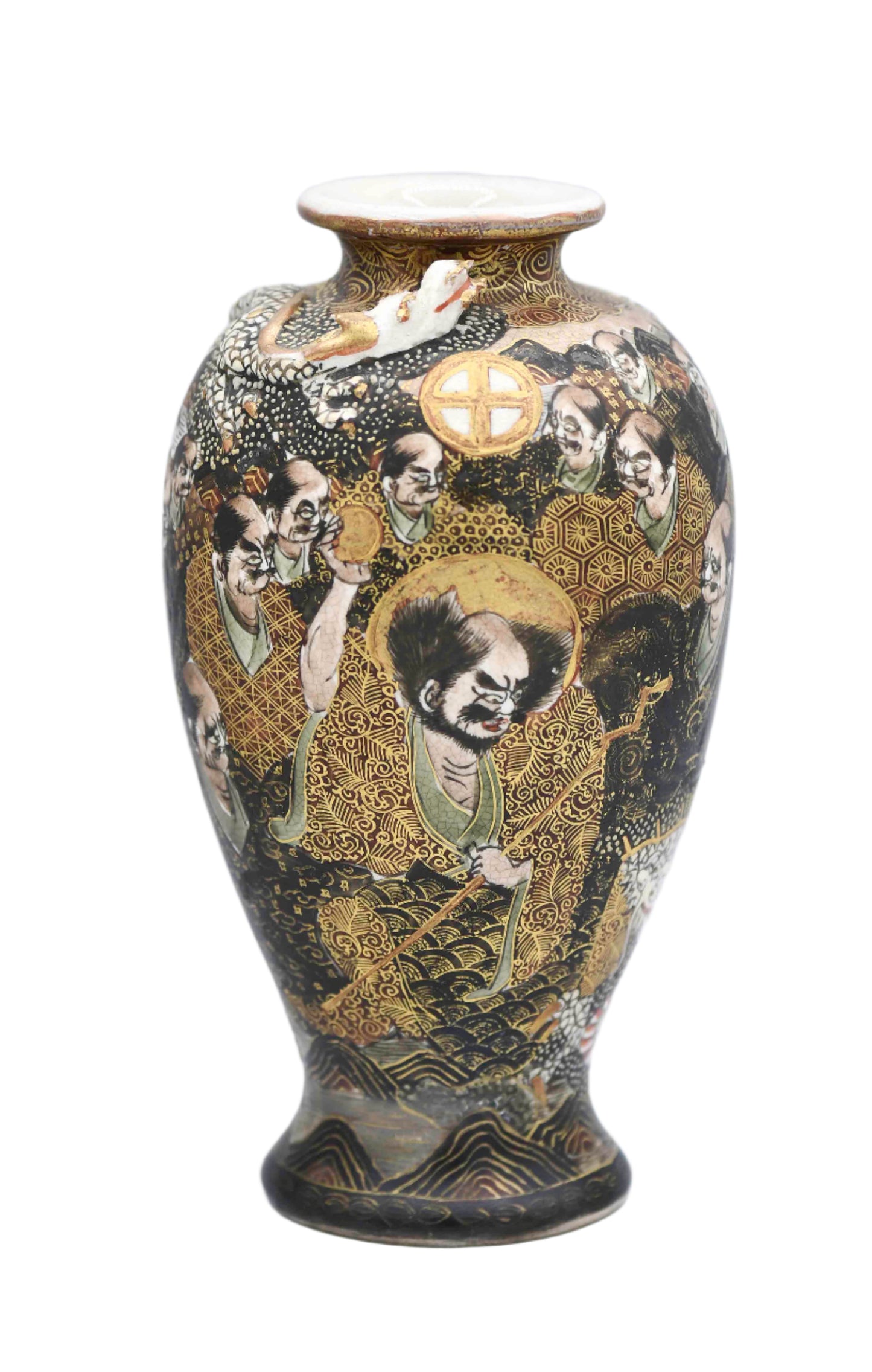 A hand-painted porcelain Satsuma vase featuring a figure and a dragon with gold and multicolor decoration on a blue background.