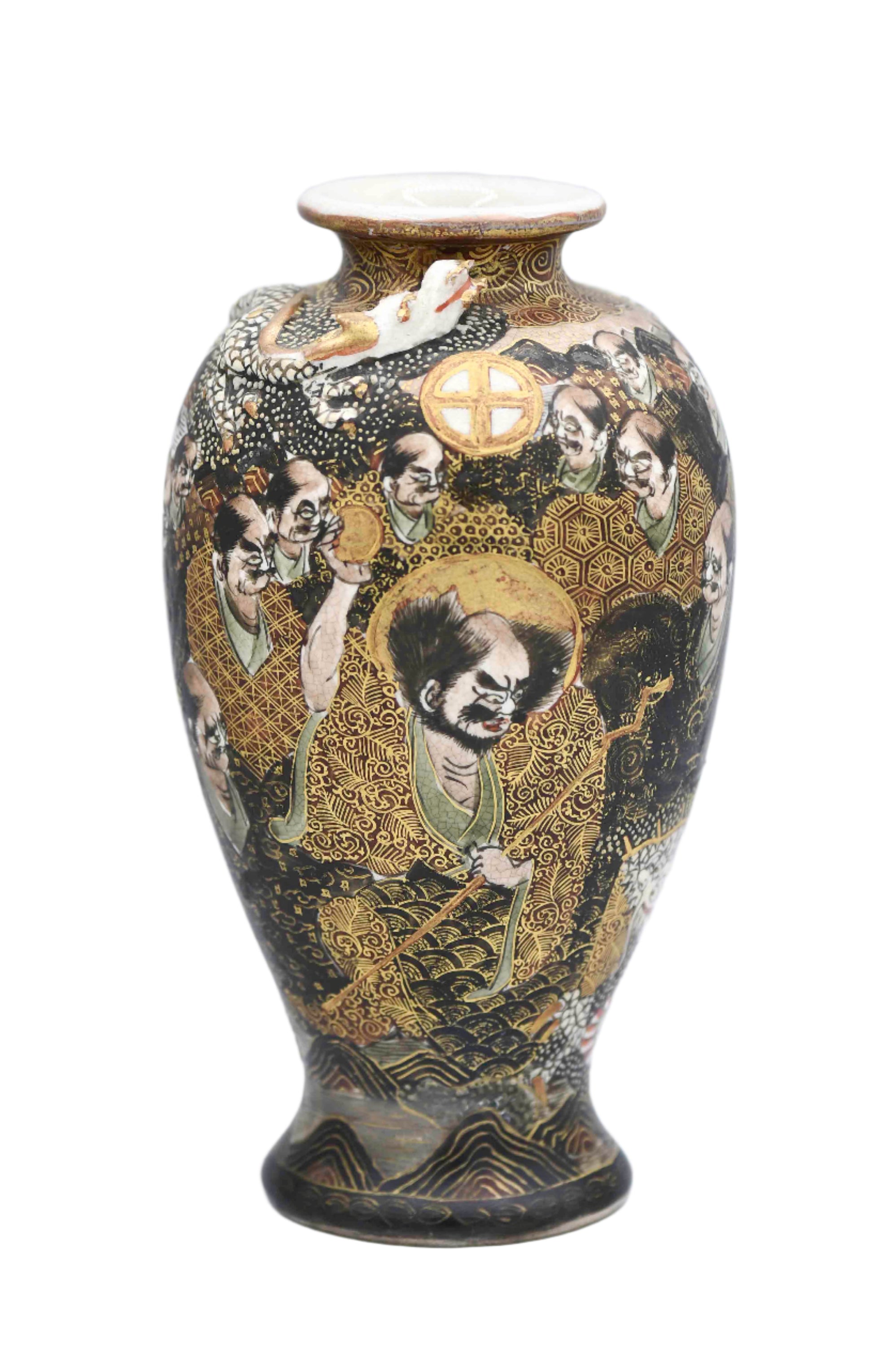 A hand-painted porcelain Satsuma vase featuring a figure and a dragon with gold and multicolor decoration on a blue background.
