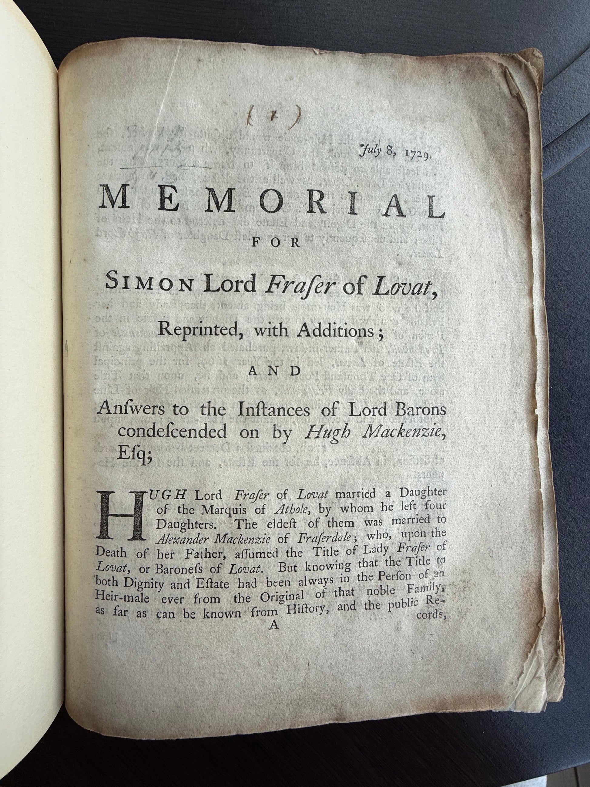 Simon Lord Frafer of Lovat, Lovat Peerage Book, 1730