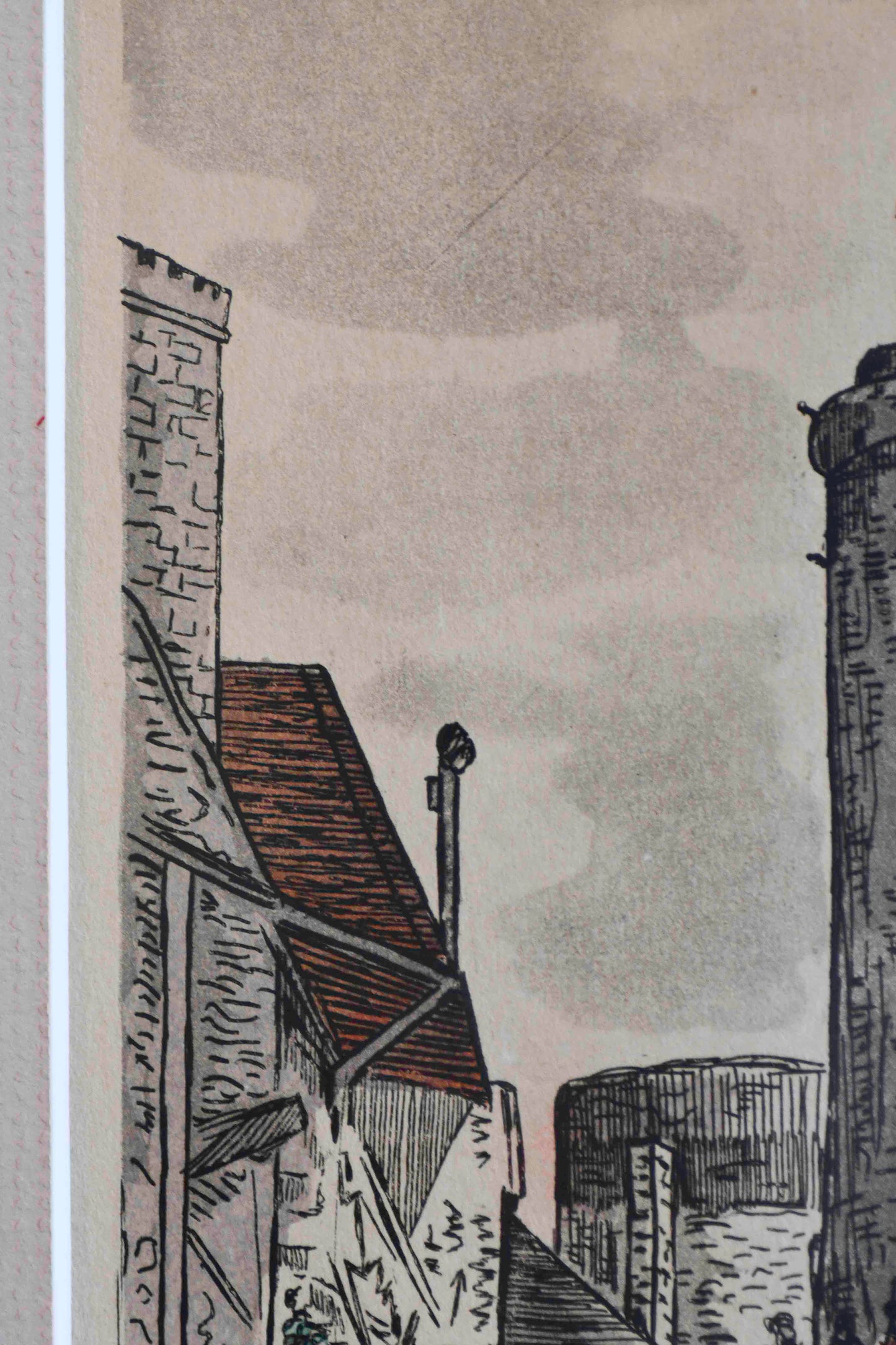 Watercolor on Engraving, Street in Normandy