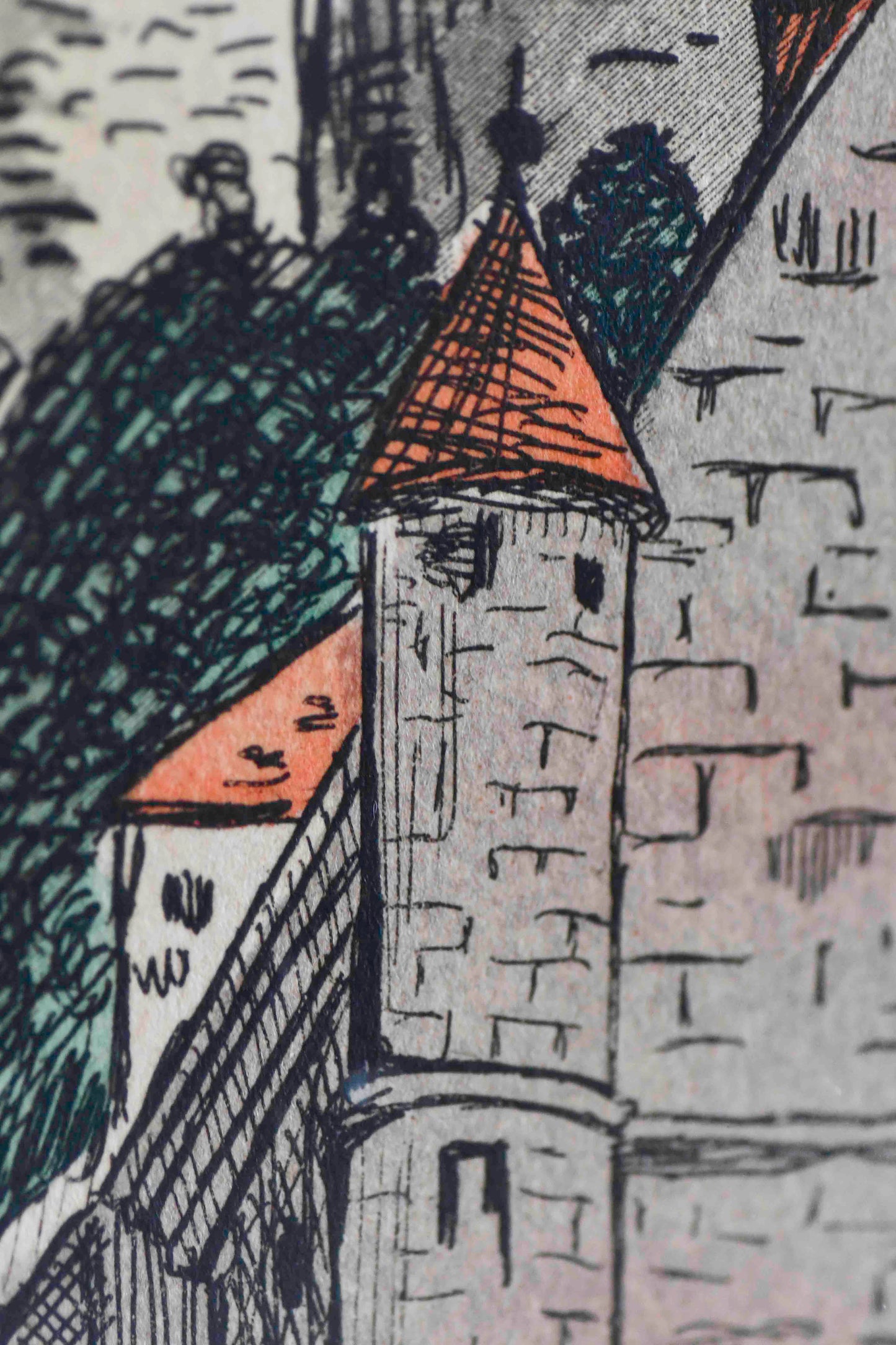 Watercolor on Engraving, Street in Normandy