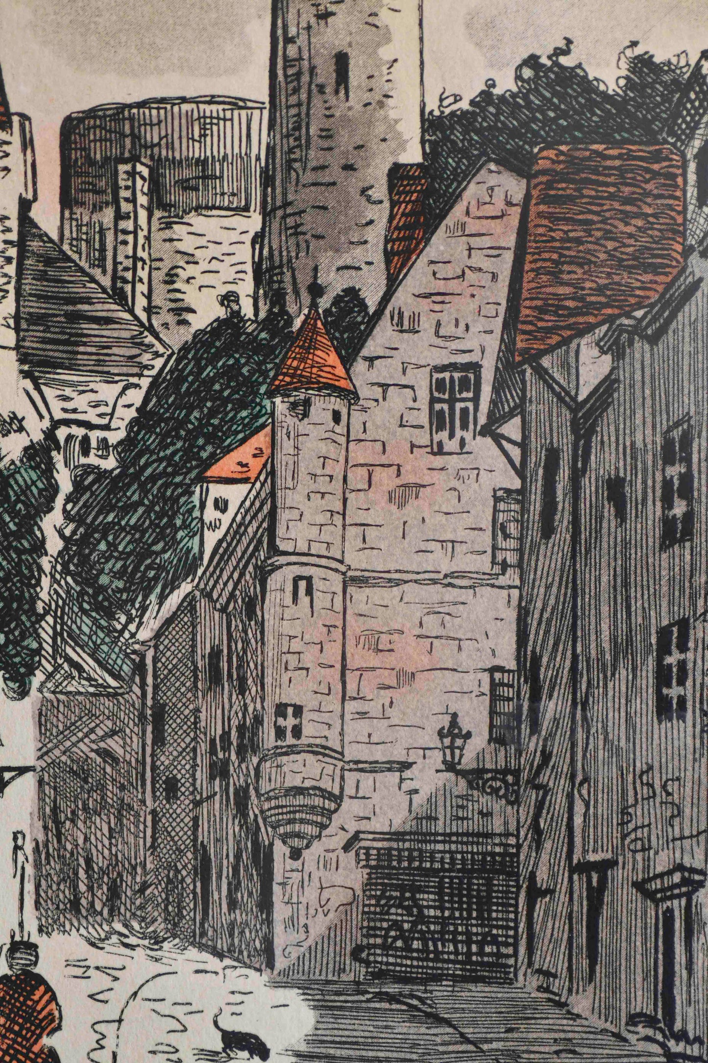 Watercolor on Engraving, Street in Normandy