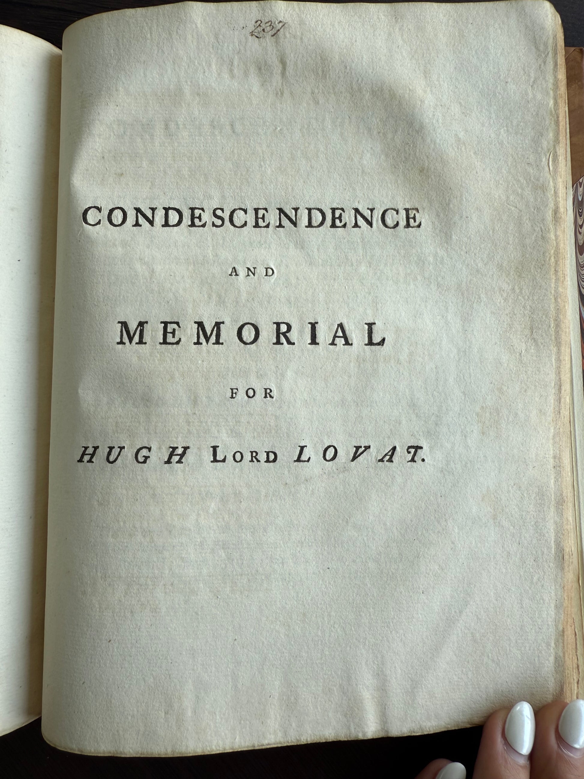 Memorial for Hugh Lord Lovat in Lovat Peerage Book, 1730