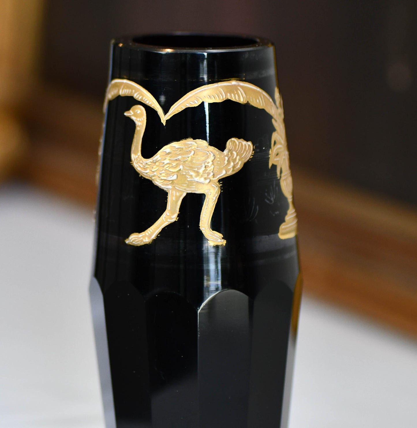 Moser Style Black and Gold Glass Vase, 6"