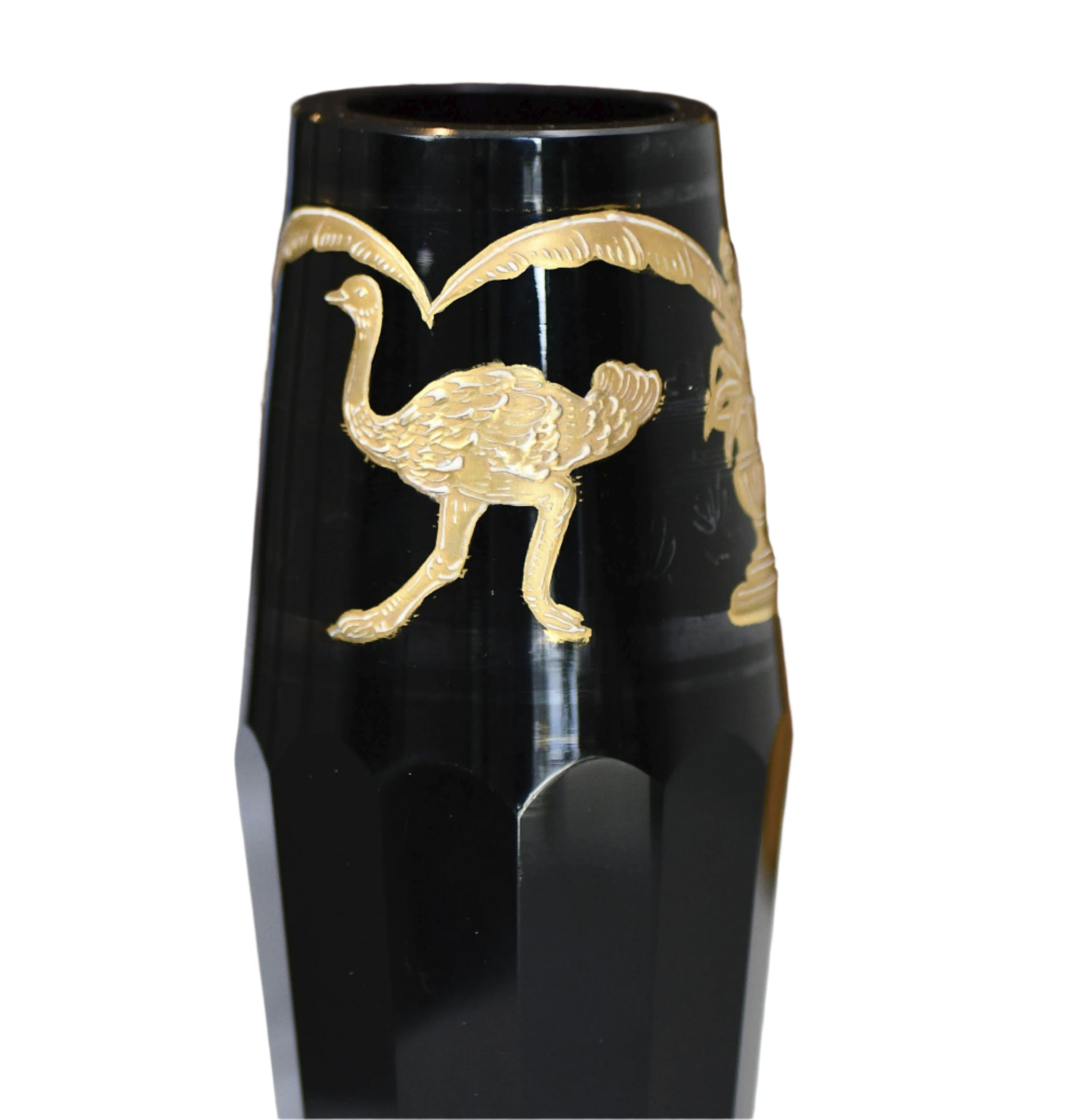 Black vase with gold embossed ostrich design on a blurred background