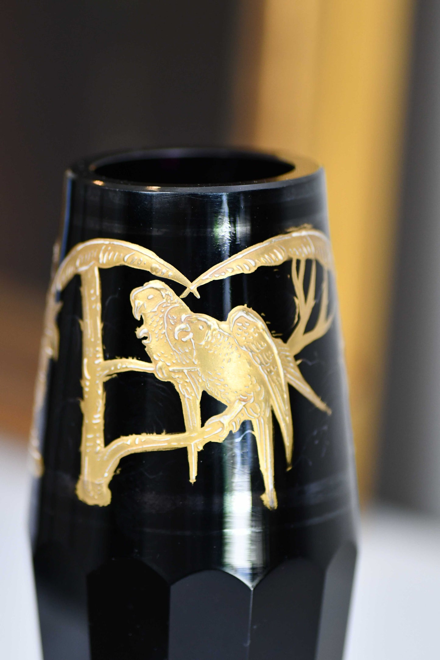 Moser Style Black and Gold Glass Vase, 6"
