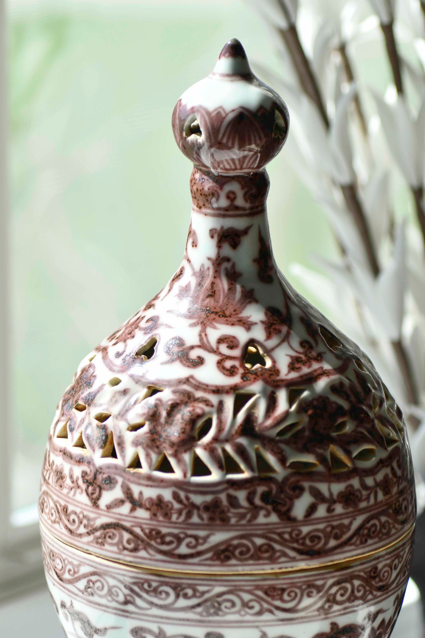 Red Underglaze Large Decorative Incense Burner, 15"