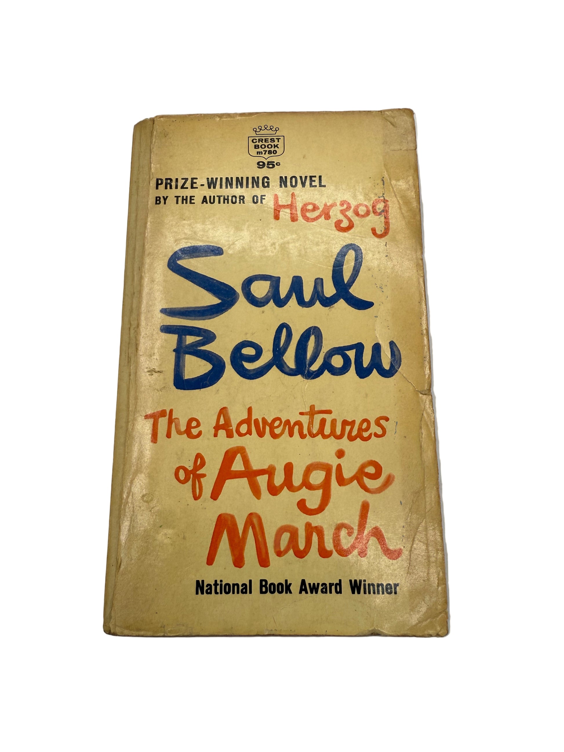 Book titled 'The Adventures of Augie March' by Saul Bellow on a white background