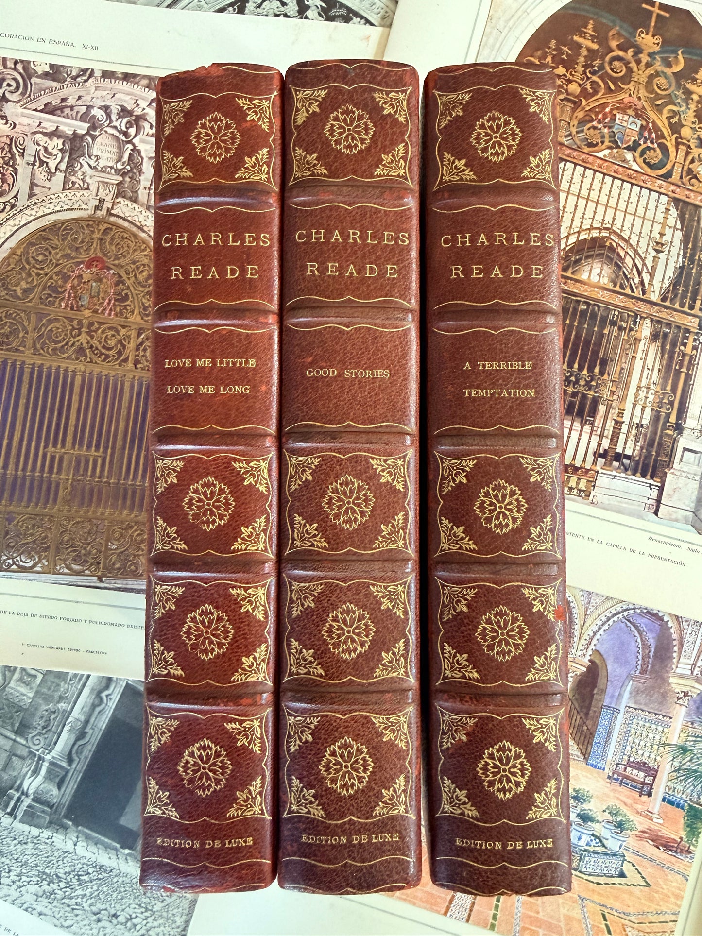 Three vintage books with decorative spines on a reflective surface with architectural background