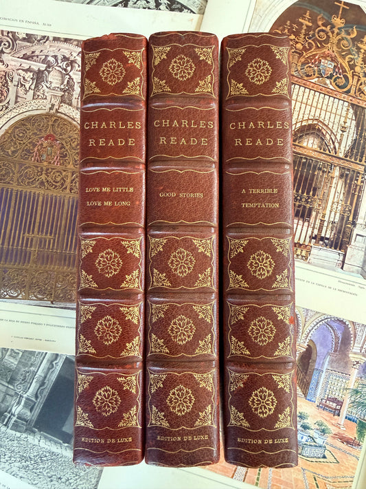 Three vintage books with decorative spines on a reflective surface with architectural background