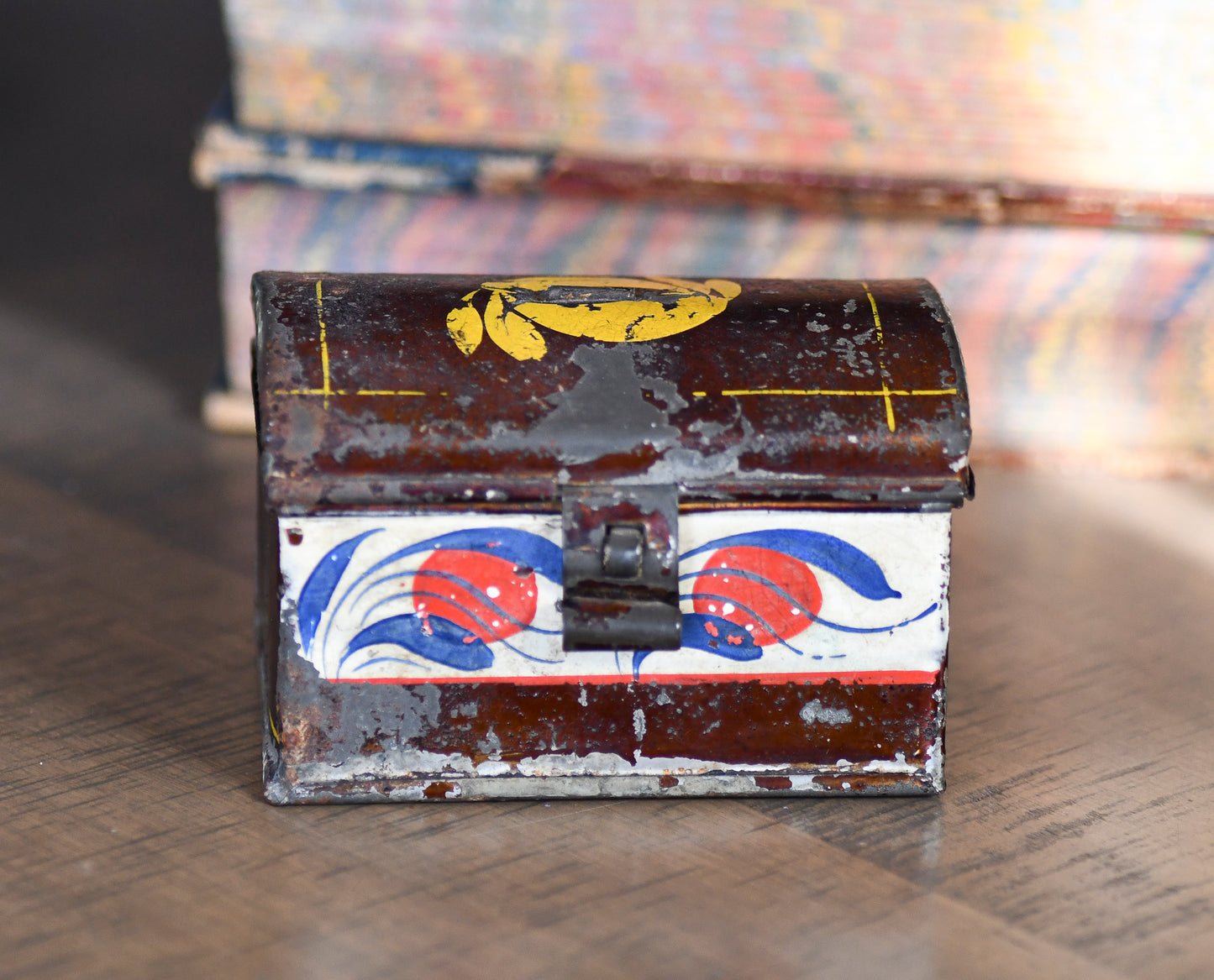 Antique Small Toleware Box, Decorative Tin