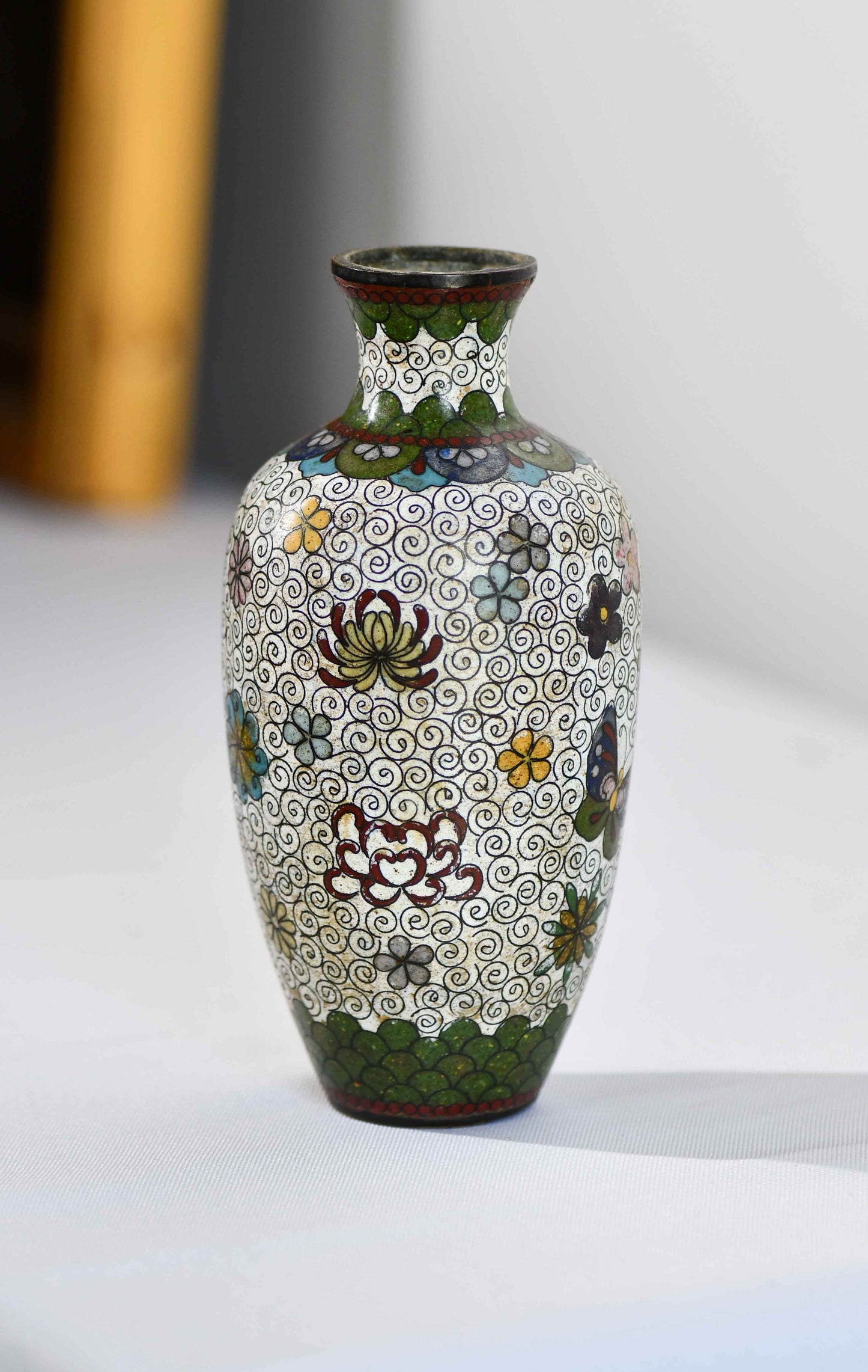 Cloisonne White Floral Vase with Butterflies, 6"