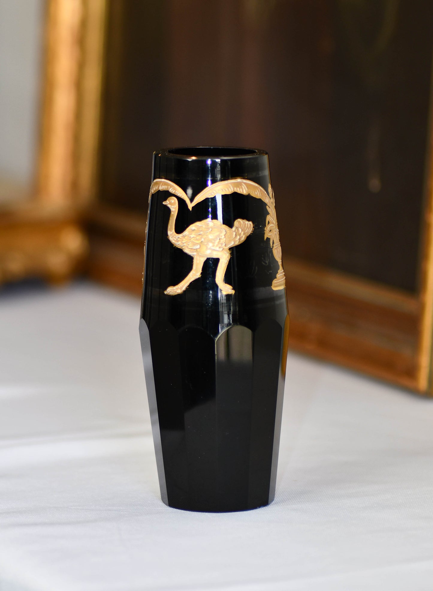 Moser Style Black and Gold Glass Vase, 6"