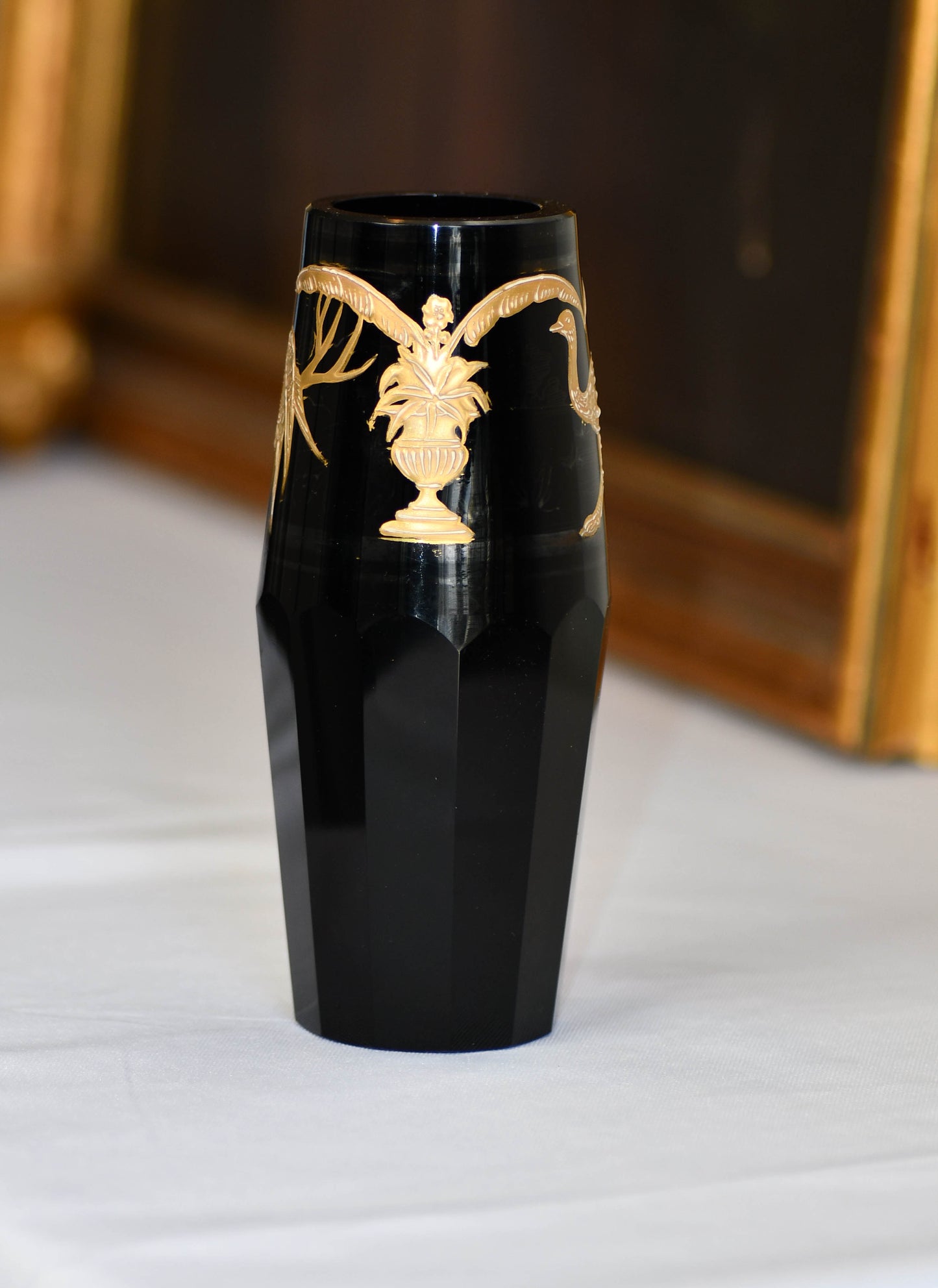 Moser Style Black and Gold Glass Vase, 6"