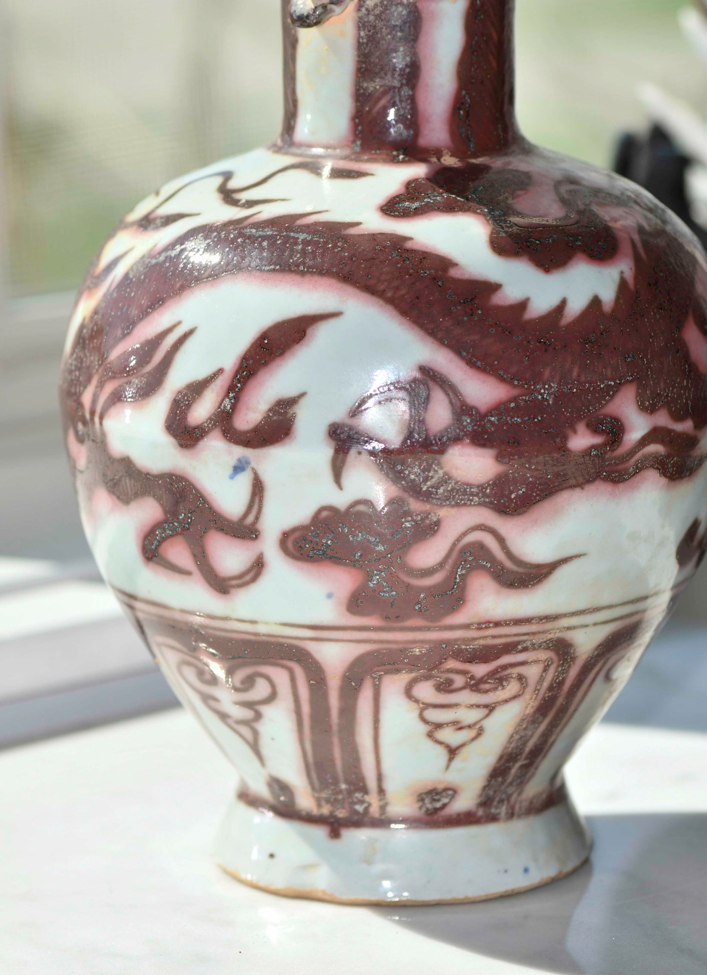 Red Underglaze Vase with Dragon, 9"